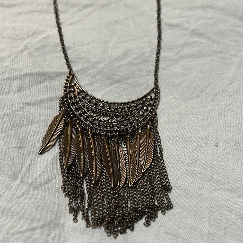 Bronze Tone Egyptian Long Statement Necklace Fringe Metal Feathers